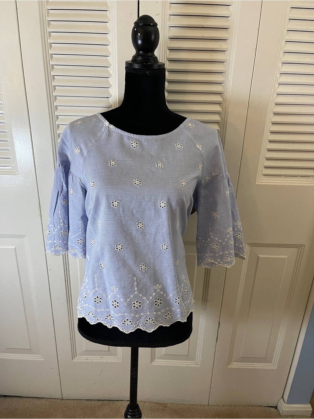 Light Blue Eyelet Lace Detail Women's Top